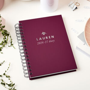 martha brook personalised stationery personalised traditional 2026 2027 mid year diary burgundy red with silver foil