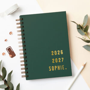 martha brook personalised stationery personalised contemporary 2026 2027 mid year diary deep green with gold foil
