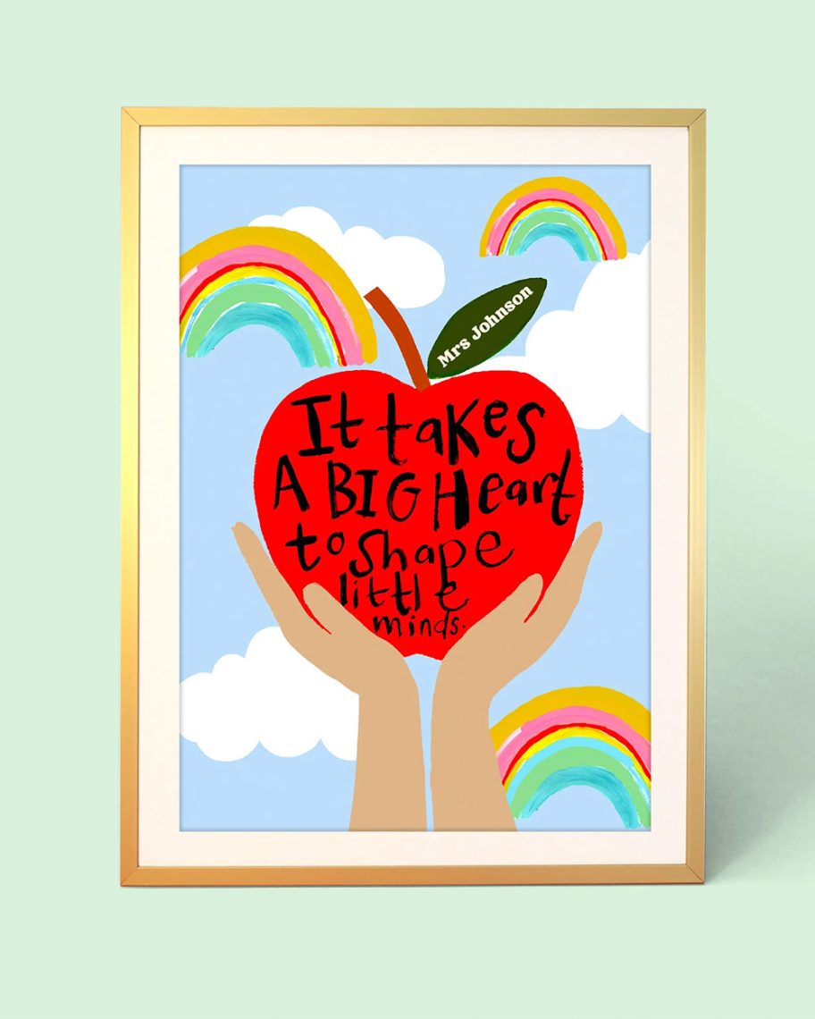 martha brook blog post thank you teacher gift guide eleanor bowmer art print of a hand holding an apple with text that reads It takes a big heart to shape little minds