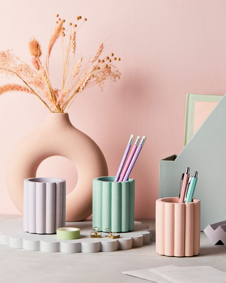martha brook blog post thank you teacher gift guide martha brook pastel scalloped pen pot three pen pots on a desk with a pink background and a large pink vase