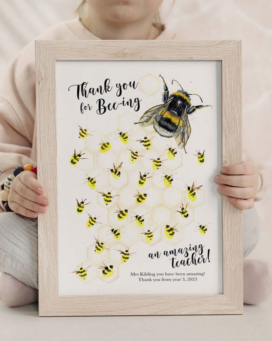 martha brook blog post thank you teacher gift guide personalised bee fingerprint print being presented by a child