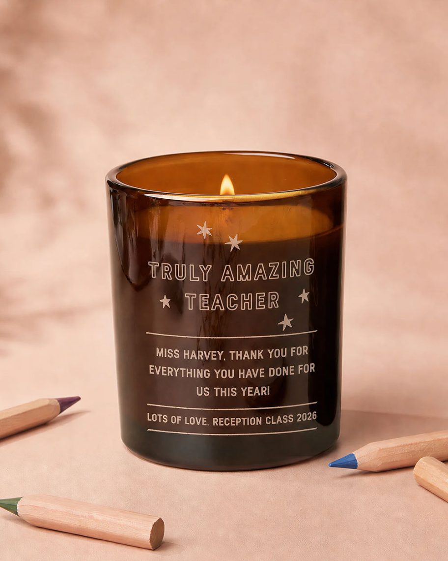 martha brook blog post thank you teacher gift guide personalised candle from Kindred Fires on a pinkbackground