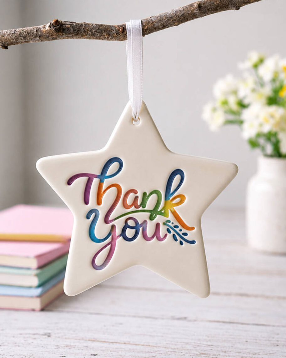martha brook blog post thank you teacher gift guide thank you teacher ceraic keepsake hanging from a tree branch